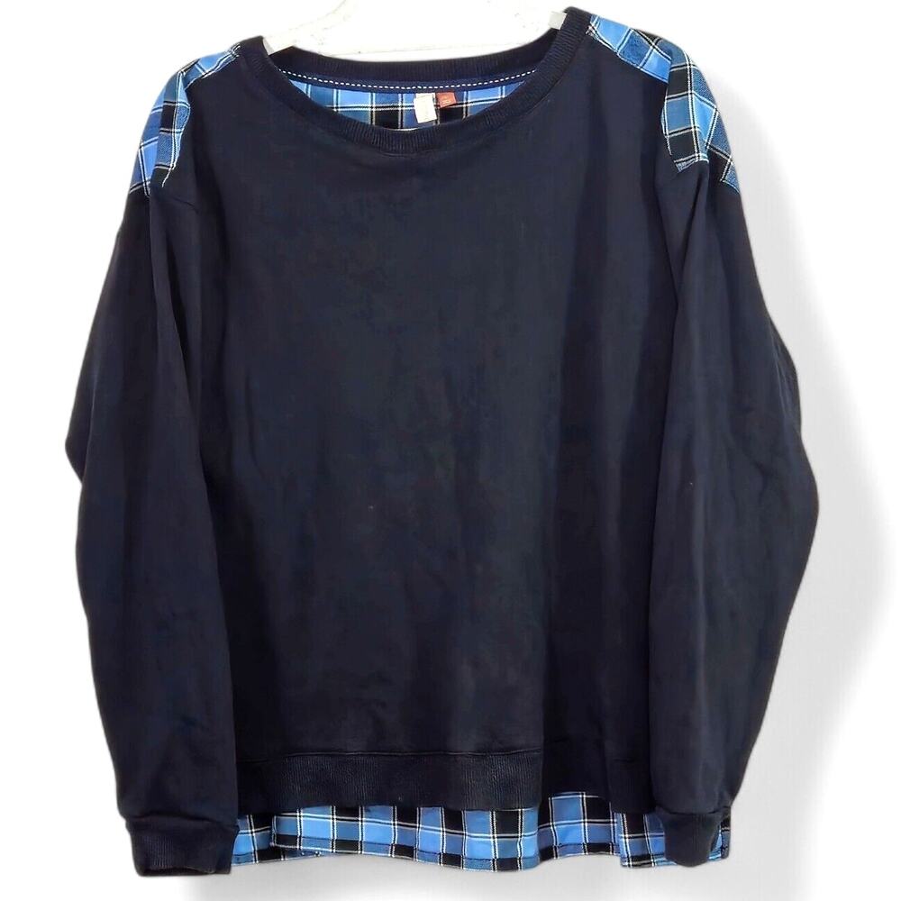 Pilcro Sweater Navy Mixed Media Plaid Back Preppy Gingham Knit Pullover